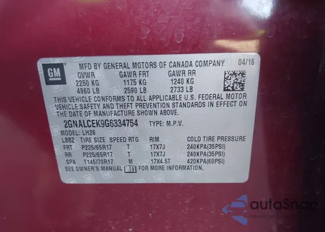 2016 Chevrolet Equinox Lt from USA, damaged, VIN 2GNALCEK9G6334754